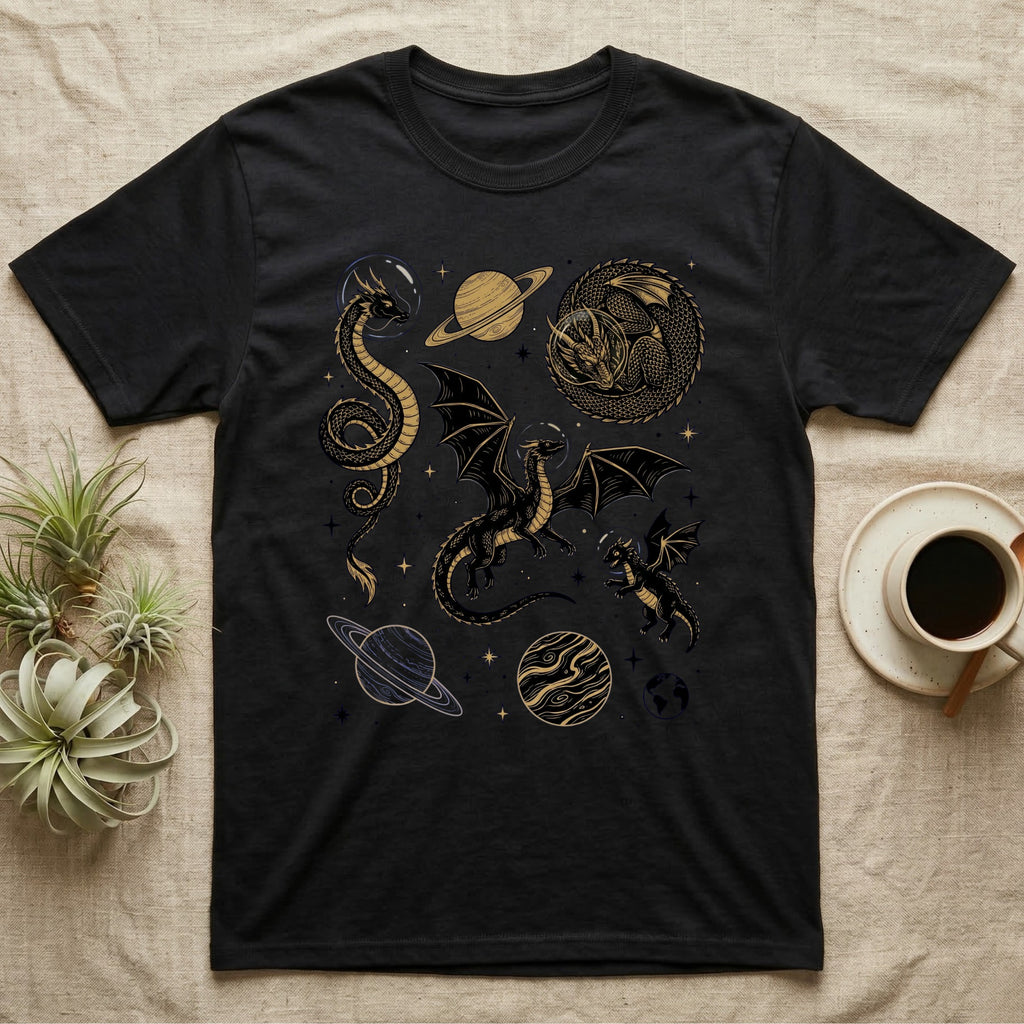 Black t-shirt with celestial dragon and planet designs.