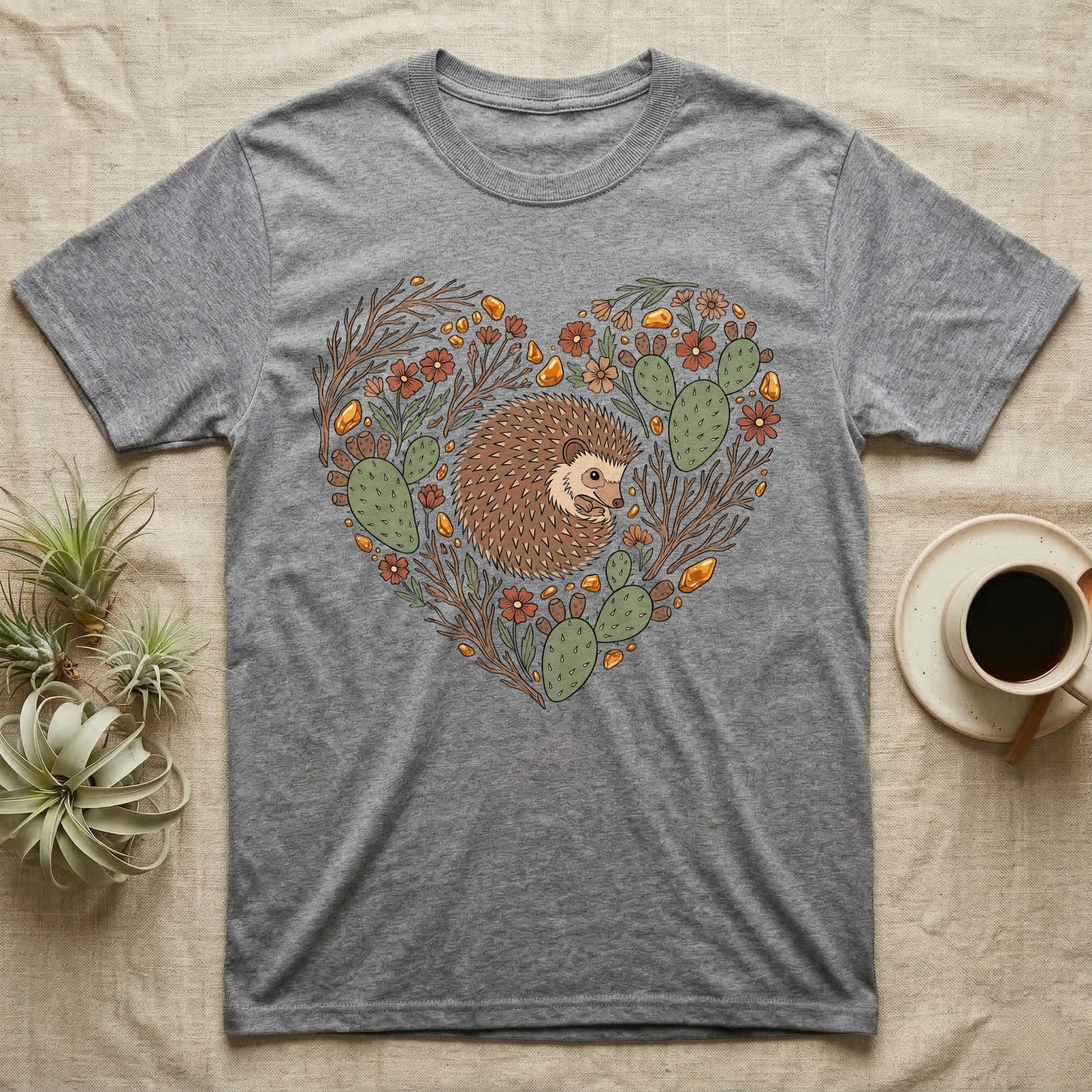 Grey t-shirt with a heart-shaped floral hedgehog design.