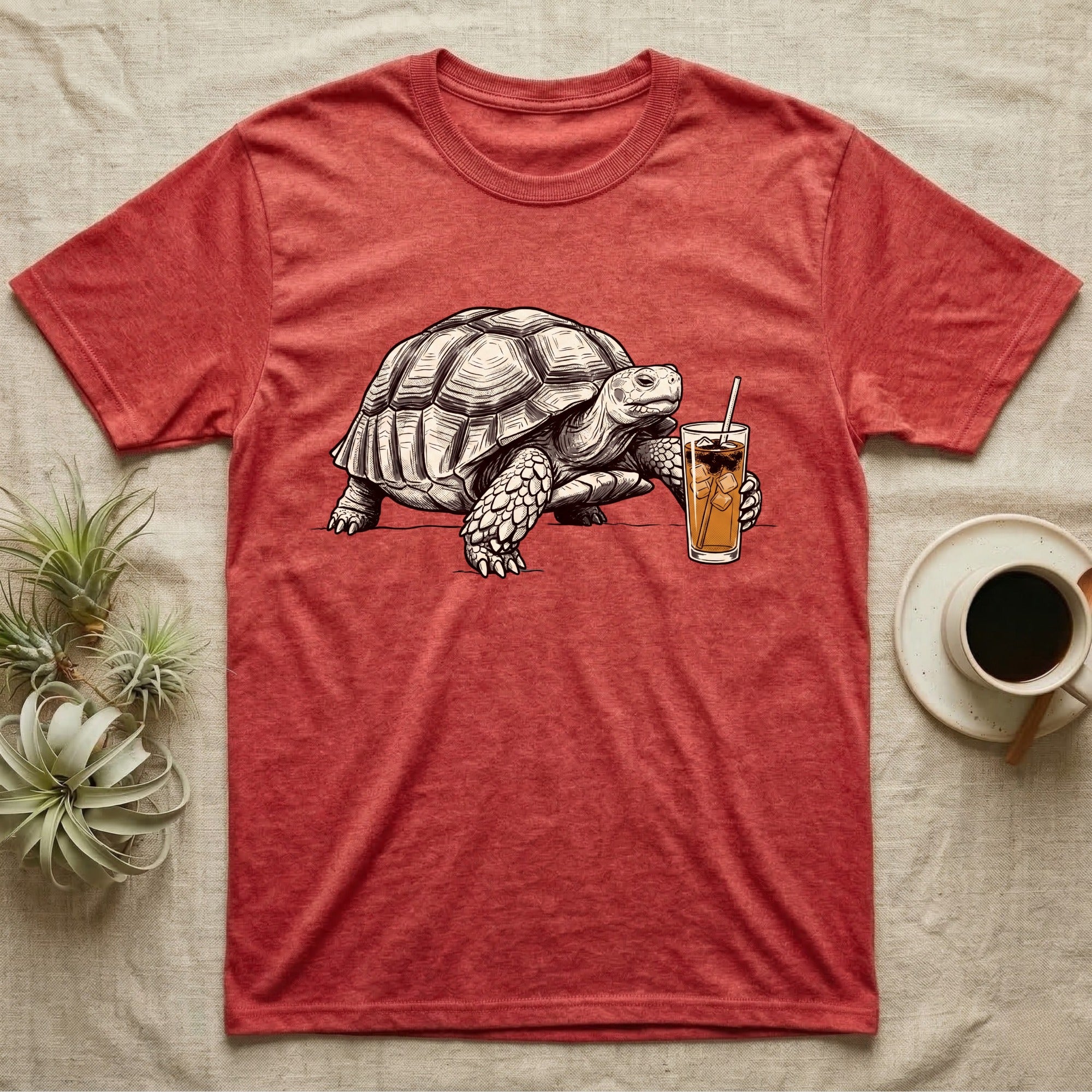 Slow Drip Tortoise T-Shirt in Heather Red — Flat meme-style illustration of a sulcata tortoise reaching slowly toward a tall iced slow-drip coffee.