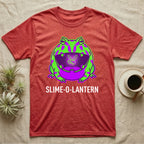 Pacman Frog Slime-O-Lantern T-Shirt in Heather Red — Neon pop-art Pacman frog shaped like a jack-o'-lantern with a lit fly in its mouth, "Slime-O-Lantern."