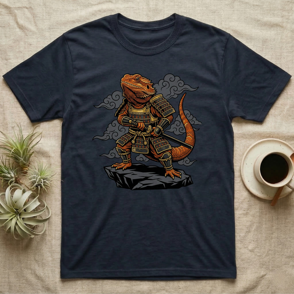 Samurai bearded dragon in armor standing on rock, dark t-shirt.
