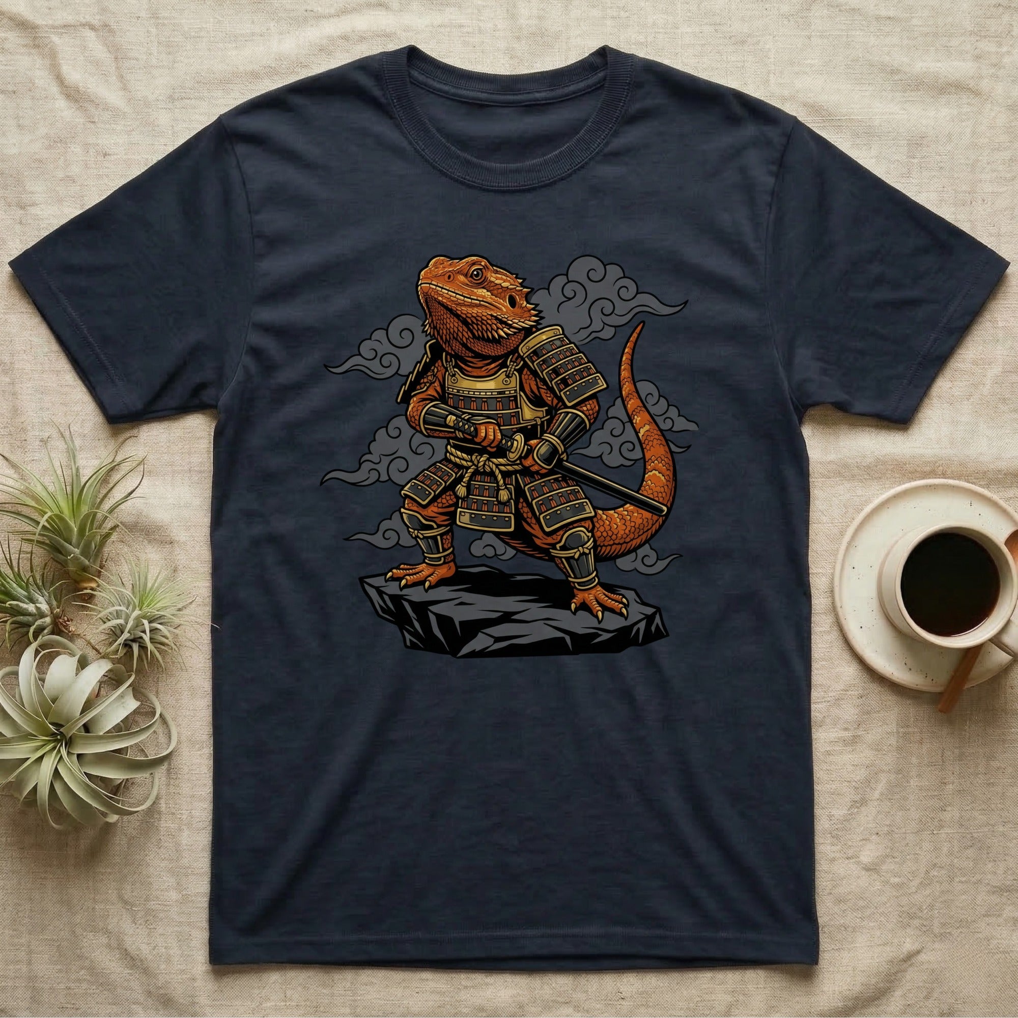 Samurai bearded dragon in armor standing on rock, dark t-shirt.