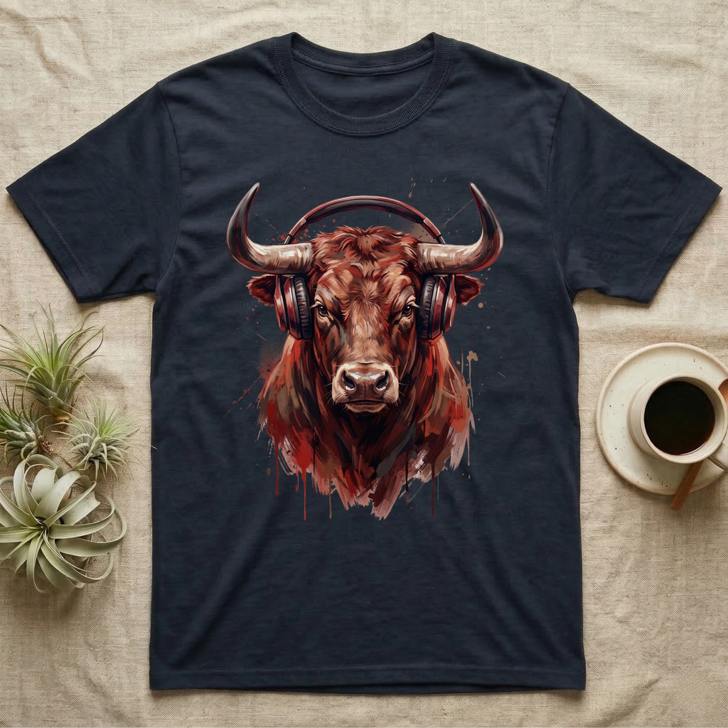 Dark t-shirt with a graphic of a bull wearing headphones.