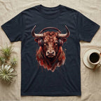 Dark t-shirt with a graphic of a bull wearing headphones.