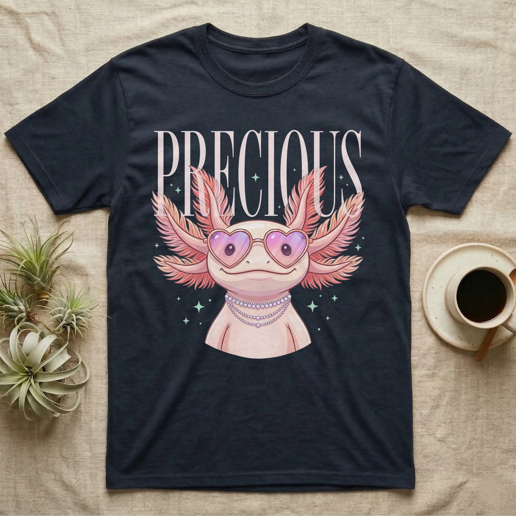 T-shirt with axolotl wearing heart sunglasses and necklace, text "PRECIOUS".