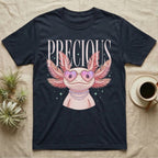 T-shirt with axolotl wearing heart sunglasses and necklace, text "PRECIOUS".