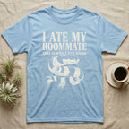 California Kingsnake Ate My Roommate T-Shirt in Light Blue — One-ink white California kingsnake portrait on black, black-and-cream banding, under the words I ATE MY ROOMMATE and that is why I live alone.