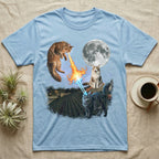 Light blue t-shirt with cats breathing fire and laser beams at the moon.