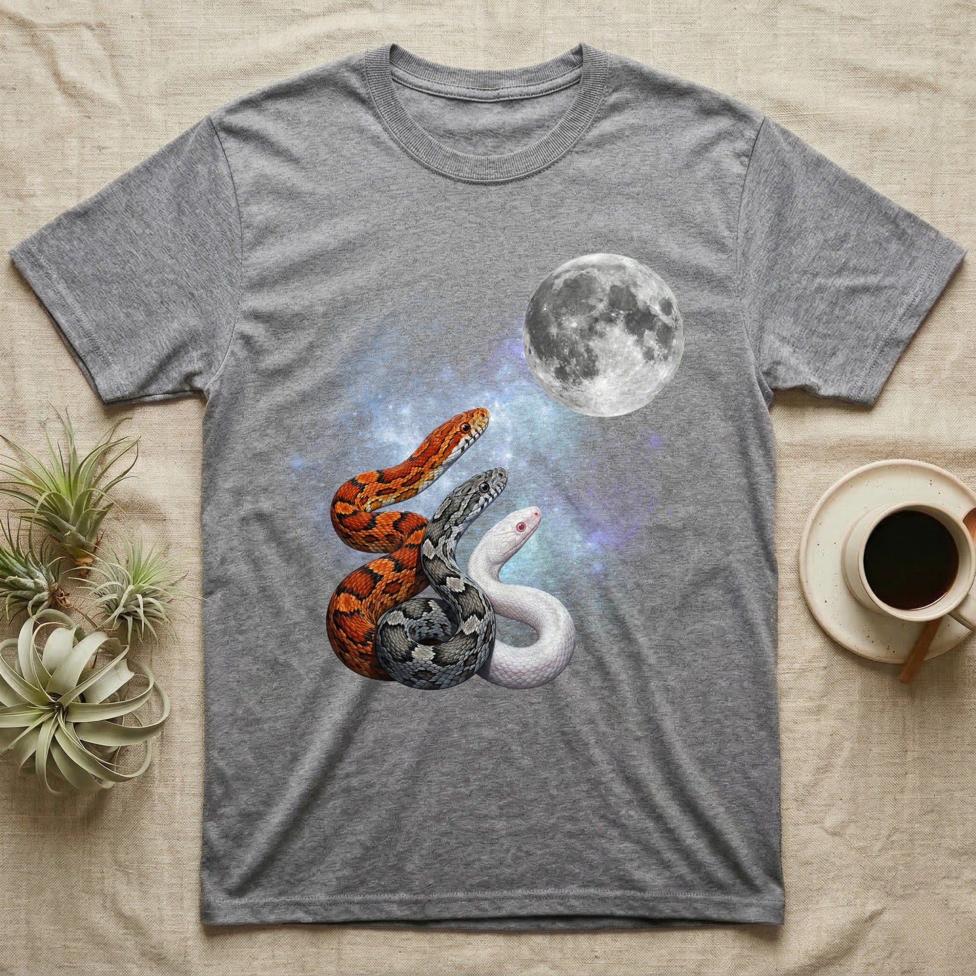 Corn Snake Moon Howl T-Shirt in Sport Grey — Three Corn Snake colour morphs howling at a full moon over a nebula on a dark grey t-shirt.
