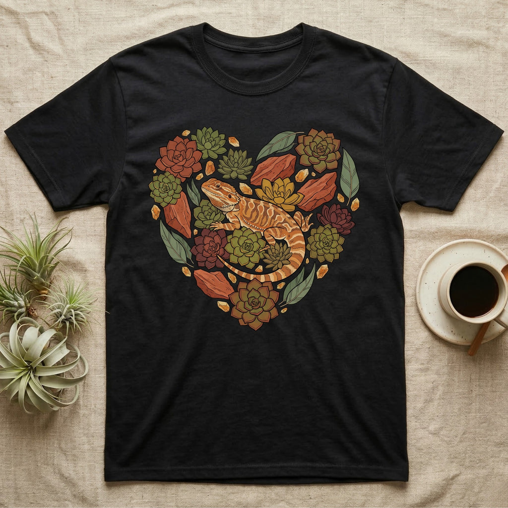 Black t-shirt with a heart-shaped succulent and bearded dragon design.