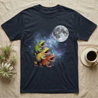 Pacman Frog Moon Howl T-Shirt in Navy — Three Pacman Frog colour morphs howling at a full moon over a nebula on a dark grey t-shirt.