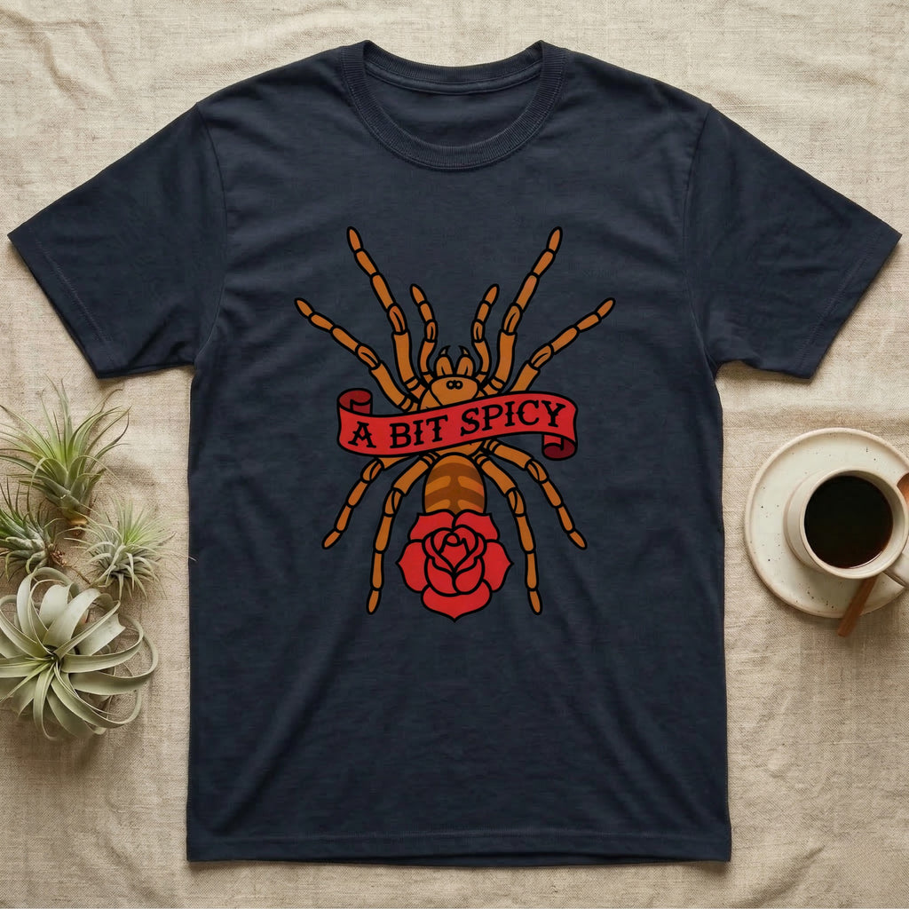 Tarantula A Bit Spicy T-Shirt in Navy — Tattoo-flash orange-baboon-tarantula in threat-pose with banner-scroll "A Bit Spicy" and a flash rose beneath.