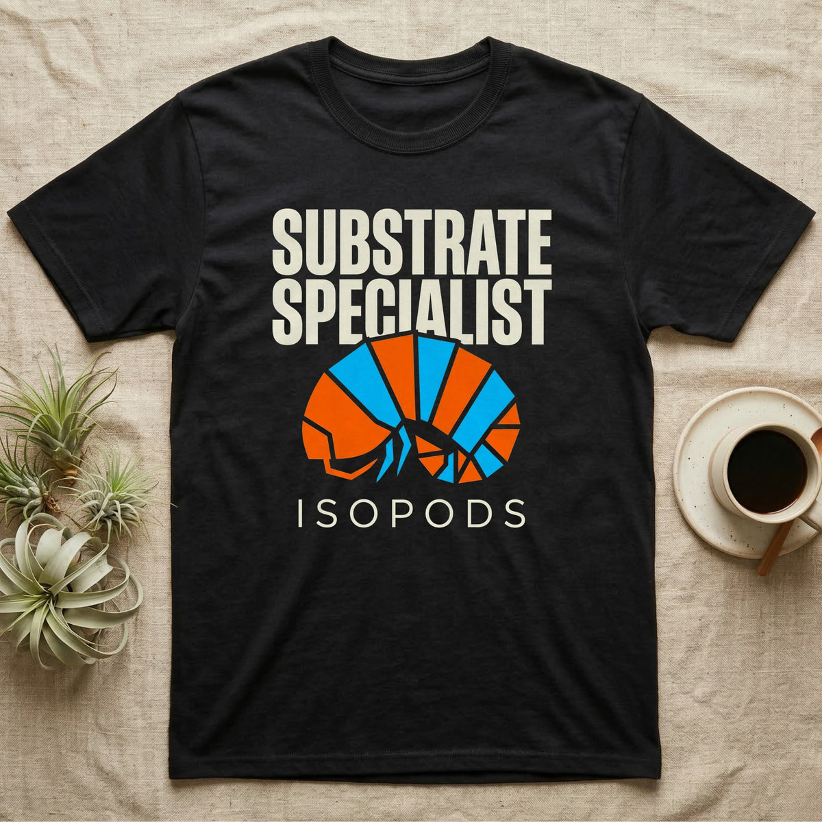 Isopod Substrate Specialist T-Shirt in Black — Geometric orange and blue rolled isopod between bold "Substrate Specialist" and "Isopods" lettering.