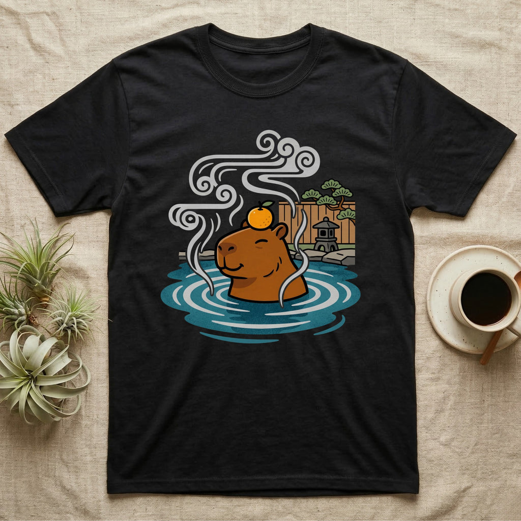 Black t-shirt with cartoon capybara wearing an orange slice relaxing in a hot spring.
