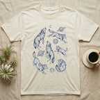 Cream t-shirt with celestial wolf graphics and planets.