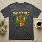 The Bog Hoppers t-shirt features frogs playing instruments on mushrooms, with text.