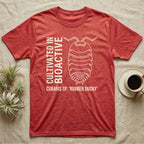 Rubber Ducky Isopod Line Art T-Shirt in Heather Red — Bone-white outline drawing of a rubber ducky isopod labelled Cubaris sp. beside vertical stencil type.