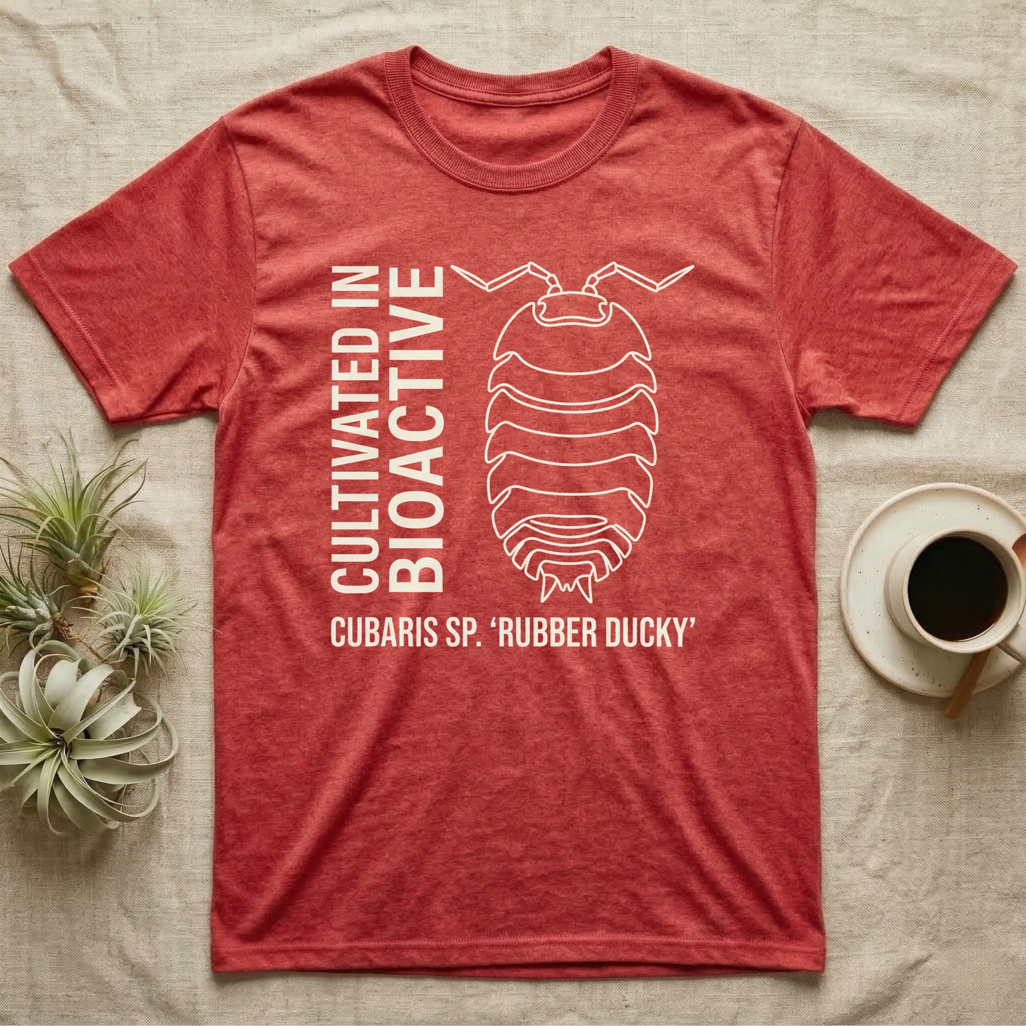 Rubber Ducky Isopod Line Art T-Shirt in Heather Red — Bone-white outline drawing of a rubber ducky isopod labelled Cubaris sp. beside vertical stencil type.