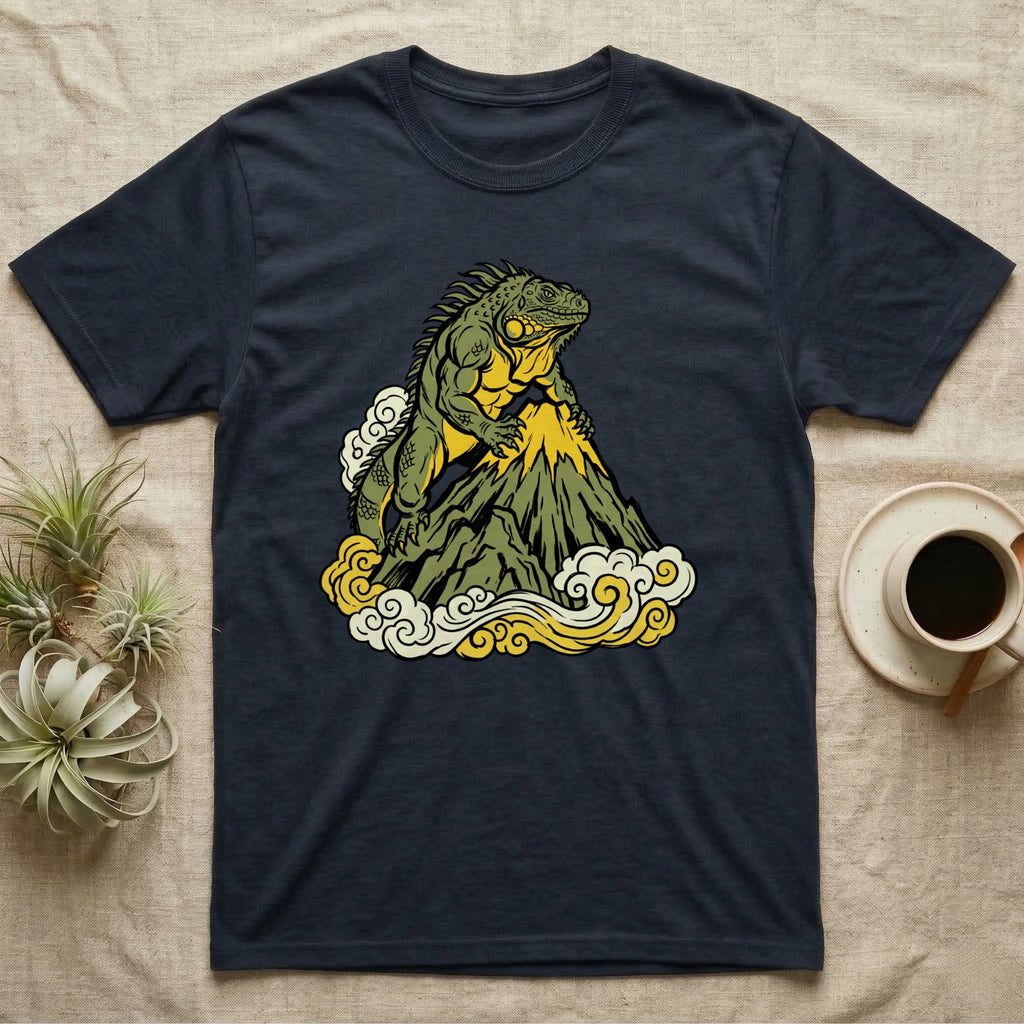 Dark t-shirt with a vibrant iguana on a volcanic mountain peak.