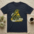 Dark t-shirt with a vibrant iguana on a volcanic mountain peak.