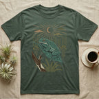 White's Tree Frog Home Range T-Shirt in Military Green — Woodcut-style illustration of a White's tree frog resting on a broad wet leaf with reed stems and a crescent moon behind, no on-shirt text.