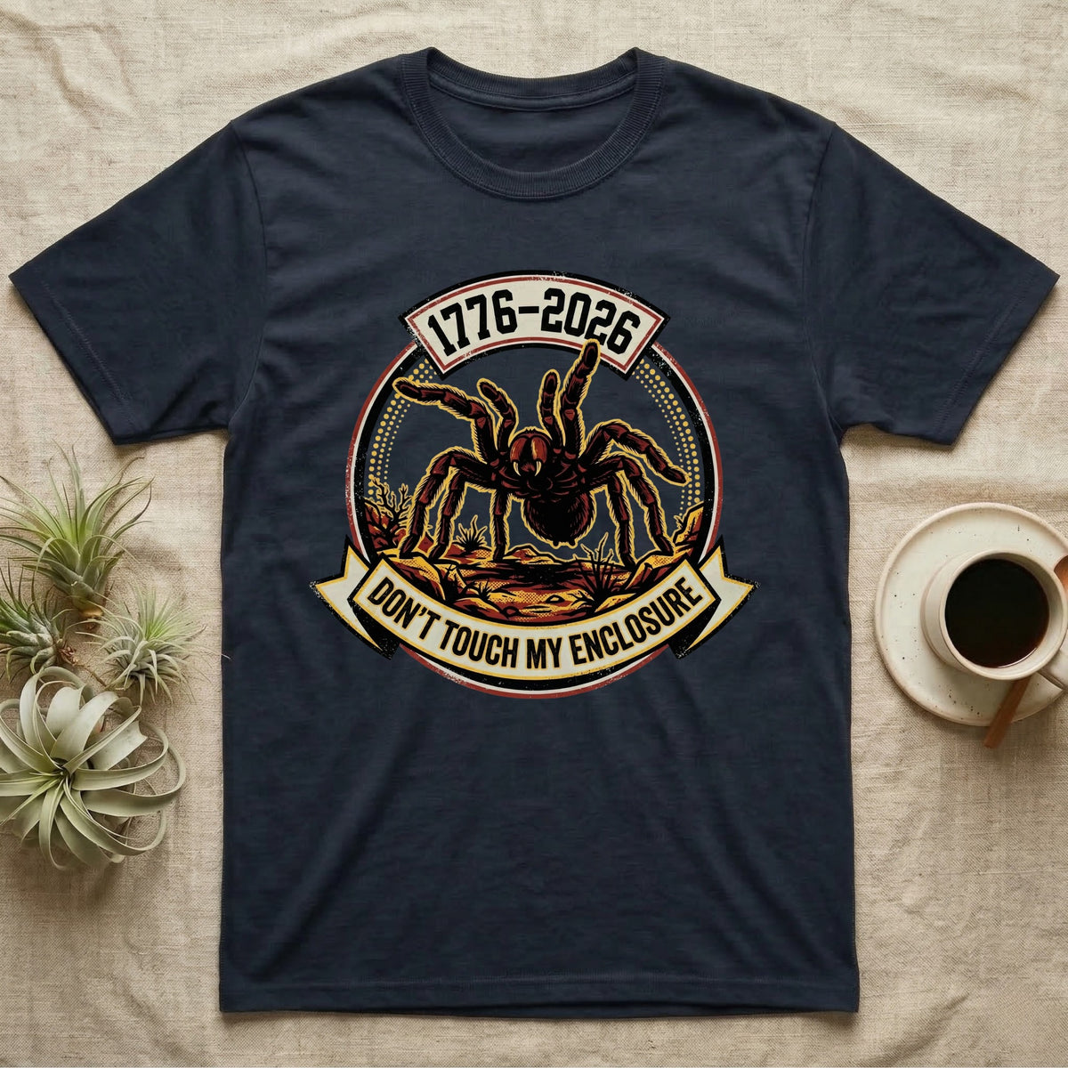 Tarantula Don't Touch Enclosure Tee in Navy — Distressed circular badge of a defensive tarantula on desert ground, red and gold banner reading Don't Touch My Enclosure, on black.
