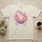 T-shirt featuring a colorful, smiling axolotl with pastel pink, blue, and green accents.