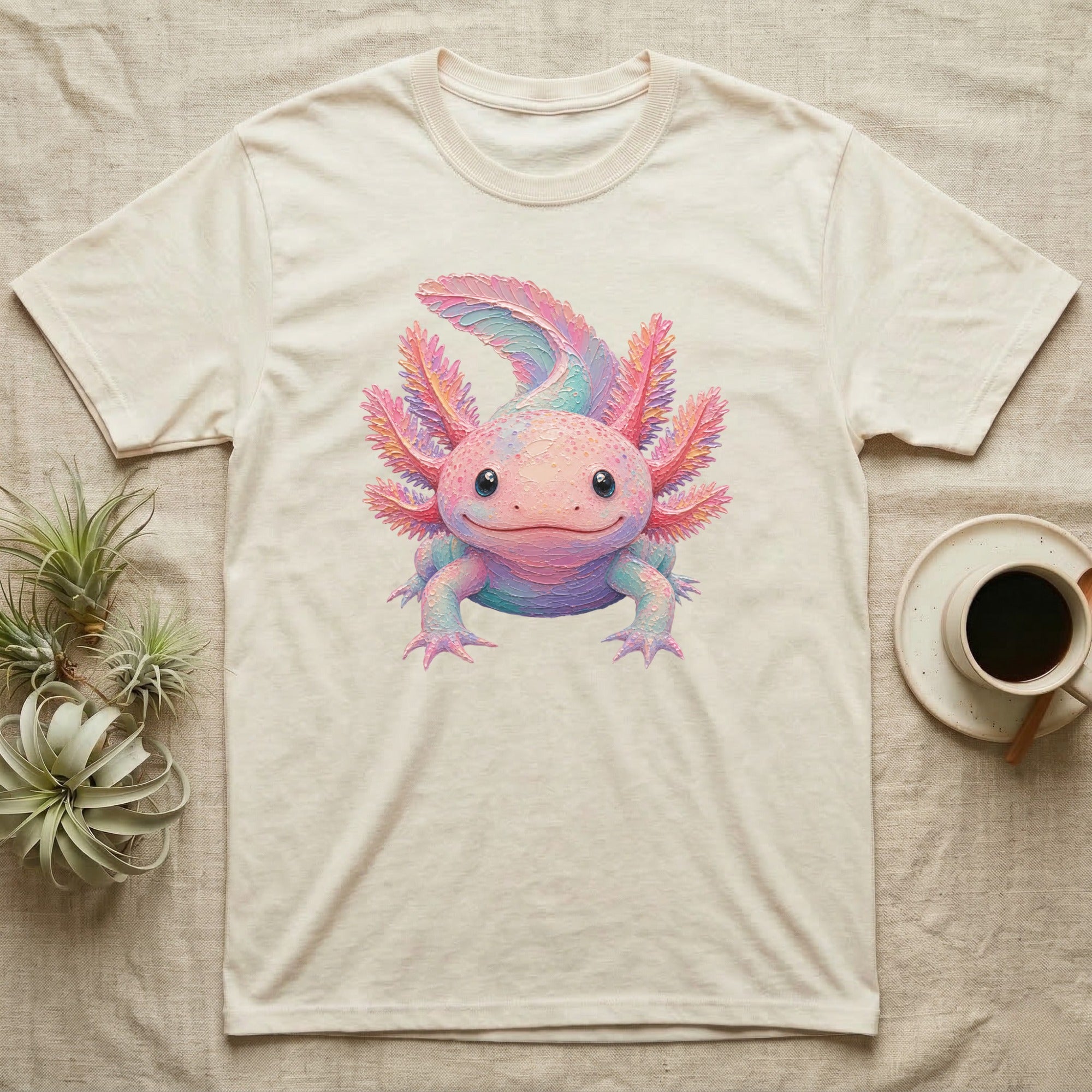 T-shirt featuring a colorful, smiling axolotl with pastel pink, blue, and green accents.