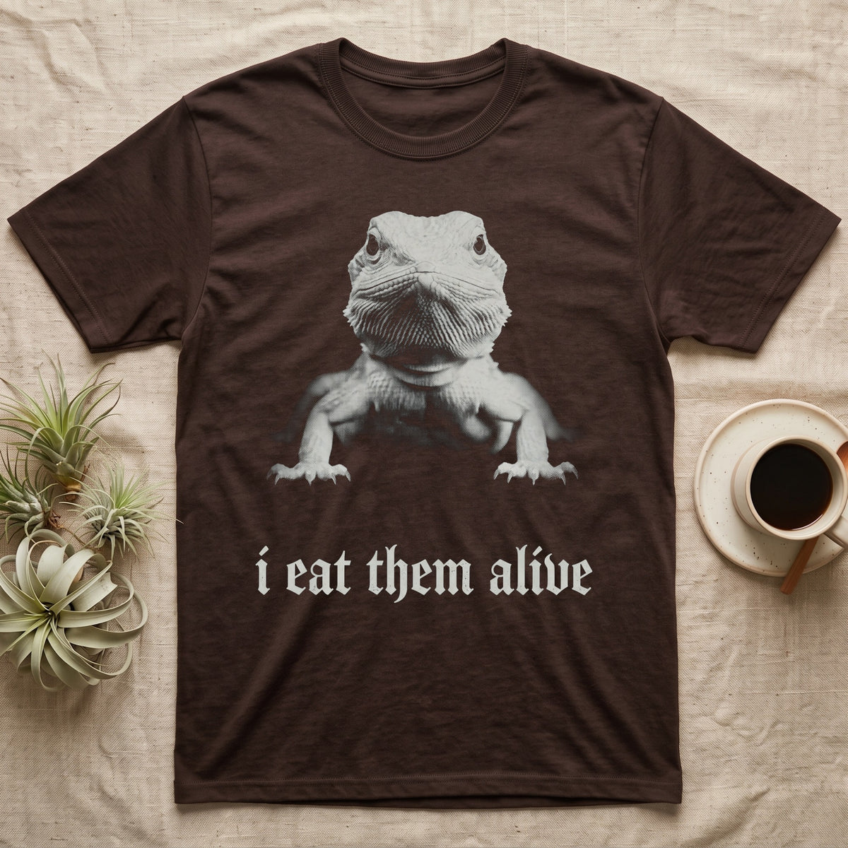Bearded Dragon Photo T-Shirt in Dark Chocolate — Black-and-white photo of a baby bearded dragon facing forward above the blackletter line i eat them alive