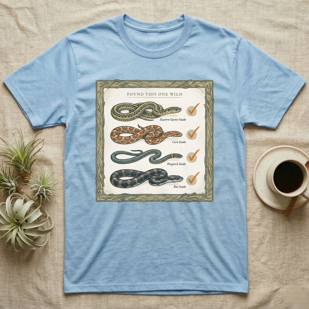 Native Snake Life List T-Shirt in Light Blue — Vintage field-guide life list of native snakes drawn as small specimens with tally checkmarks beside each.