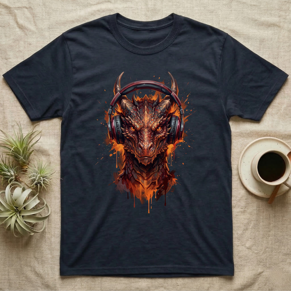 Dark t-shirt with a graphic of a fiery dragon wearing red headphones.
