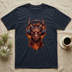 Dark t-shirt with a graphic of a fiery dragon wearing red headphones.