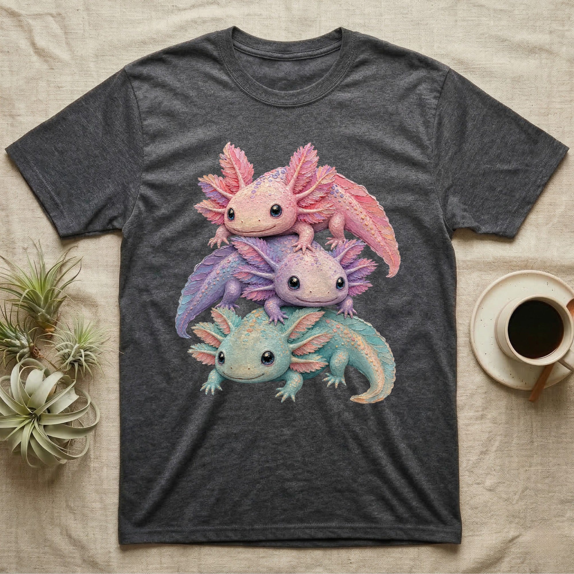 T-shirt with three colorful axolotls stacked on top of each other.