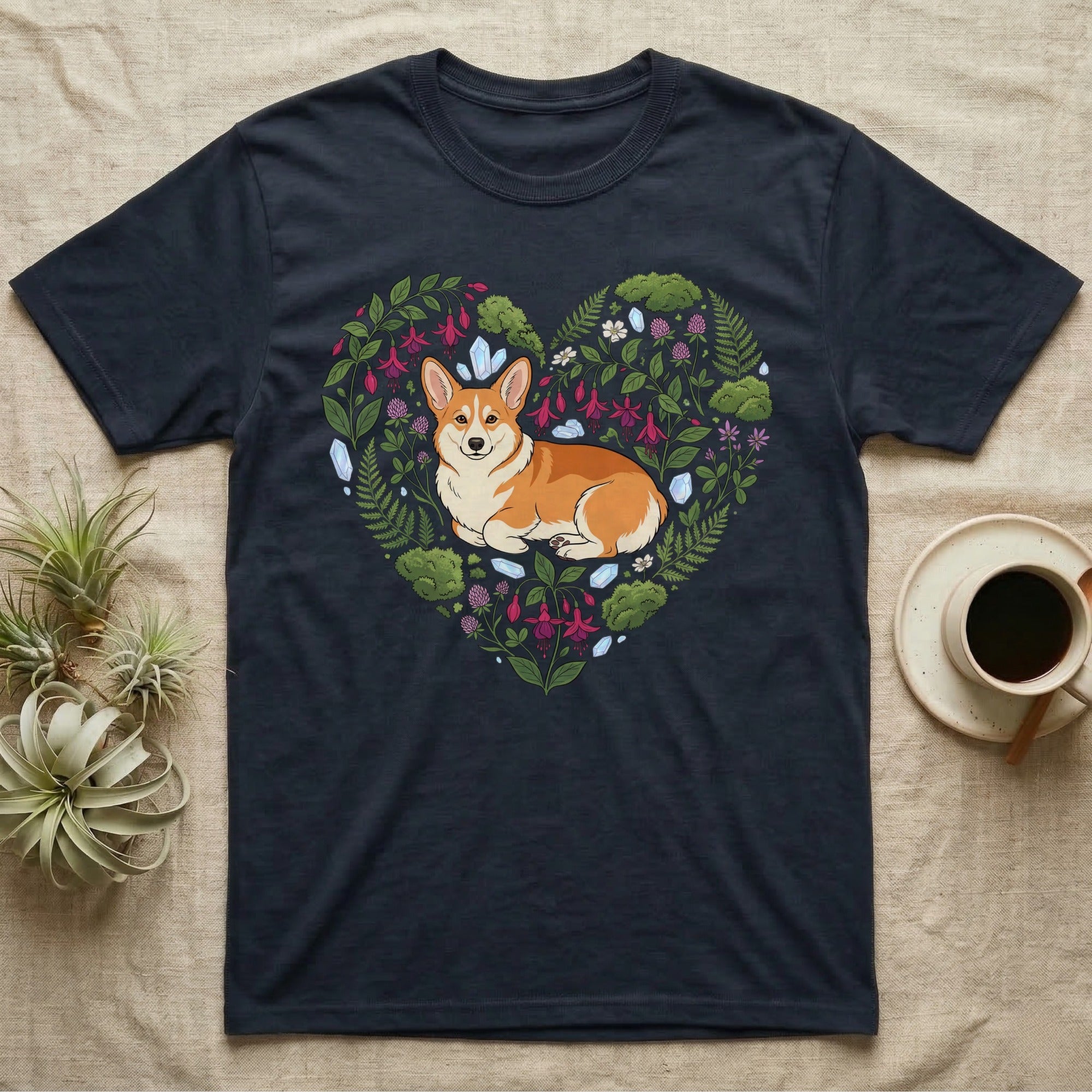 Navy t-shirt with heart-shaped floral design featuring a corgi.