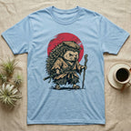 Hedgehog samurai with sword and staff, in front of red sun.