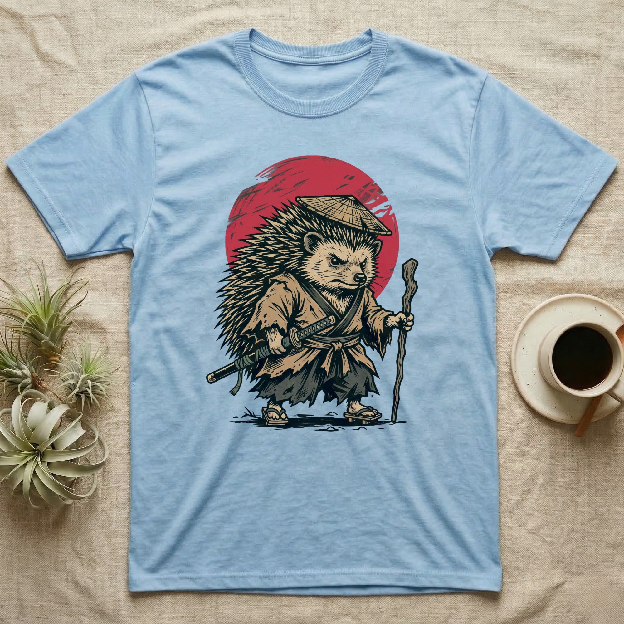Hedgehog samurai with sword and staff, in front of red sun.