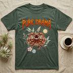 Frilled Dragon Feral T-Shirt in Military Green — Frilled dragon with its neck frill flared and mouth gaping under a jagged fiery-orange metal "PURE DRAMA" wordmark.