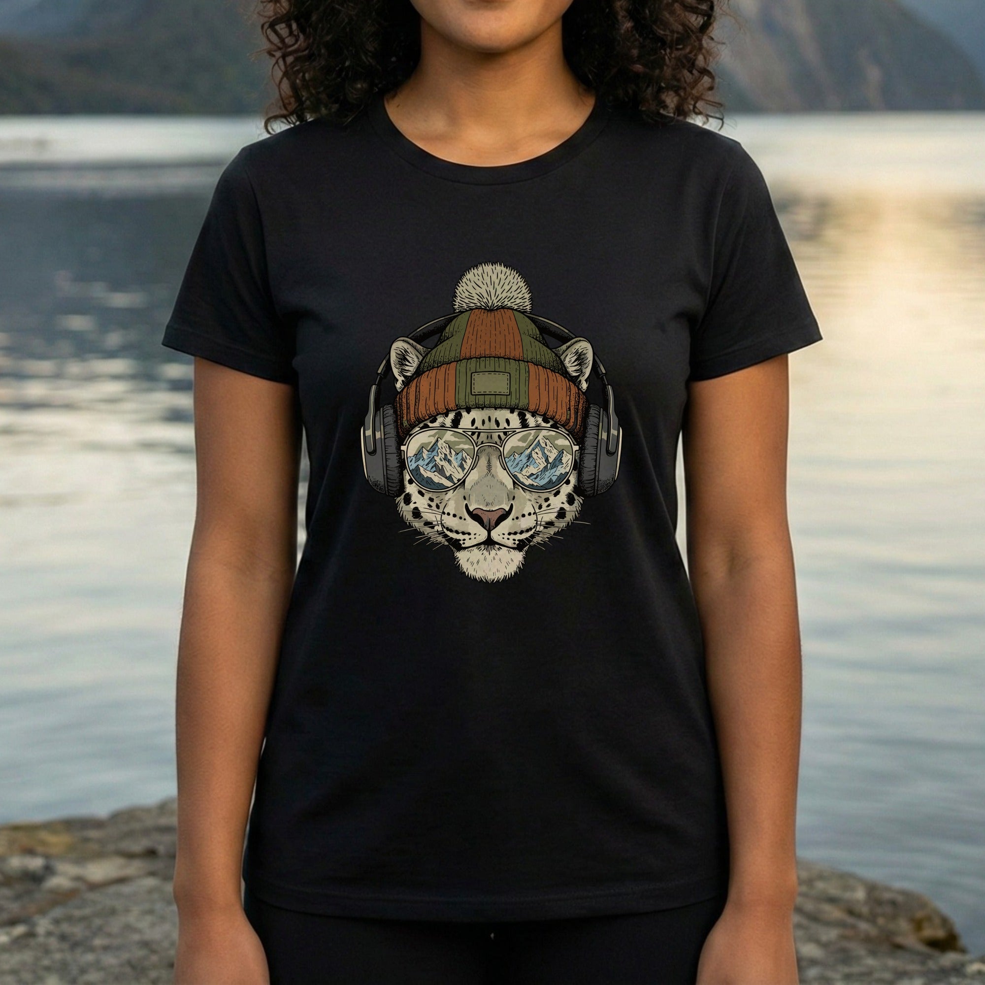 Snow Leopard with Headphones Graphic T-Shirt