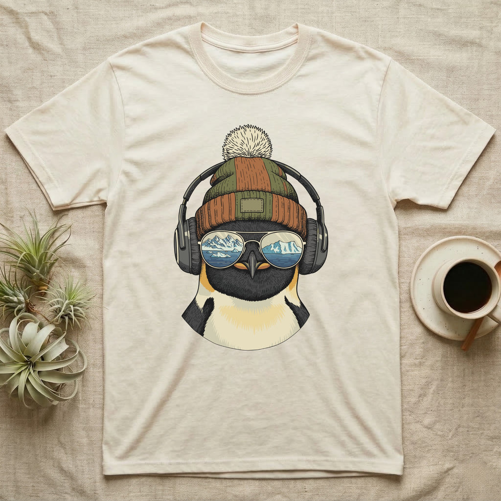 Penguin wearing headphones and sunglasses, reflecting mountains on a cream t-shirt.