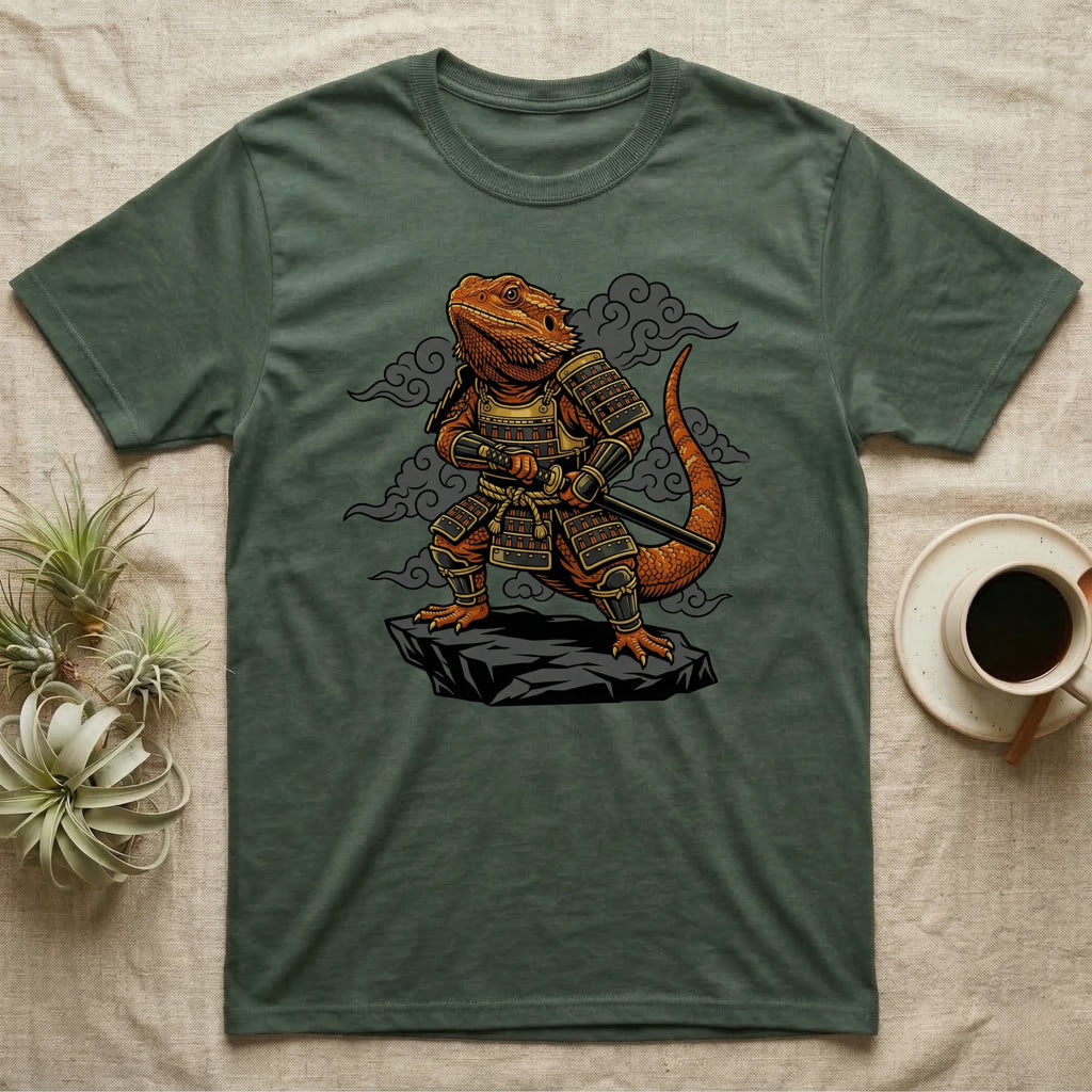 Bearded dragon in samurai armor wielding a sword on a rock.