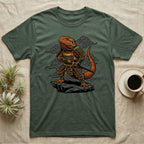 Bearded dragon in samurai armor wielding a sword on a rock.