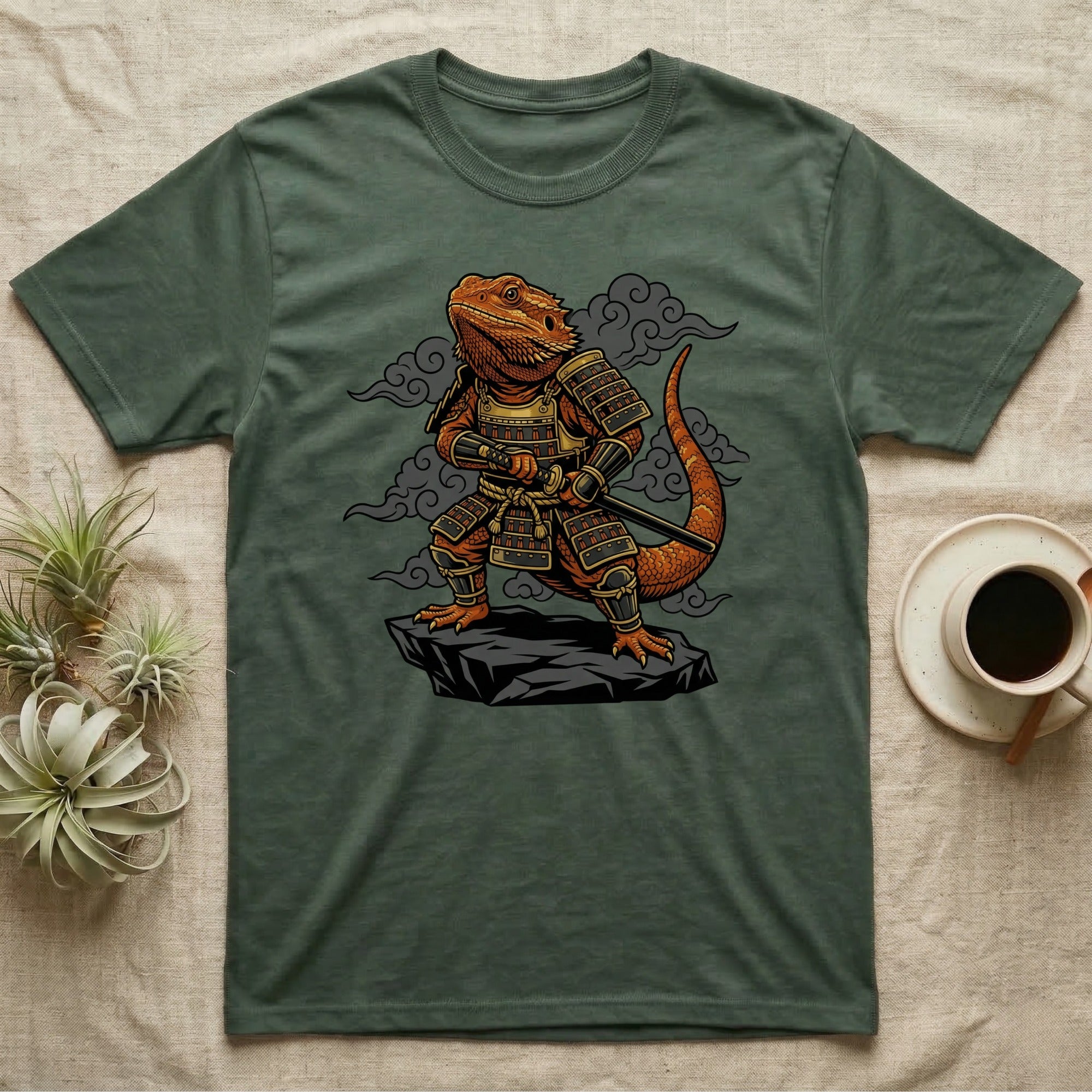 Bearded dragon in samurai armor wielding a sword on a rock.