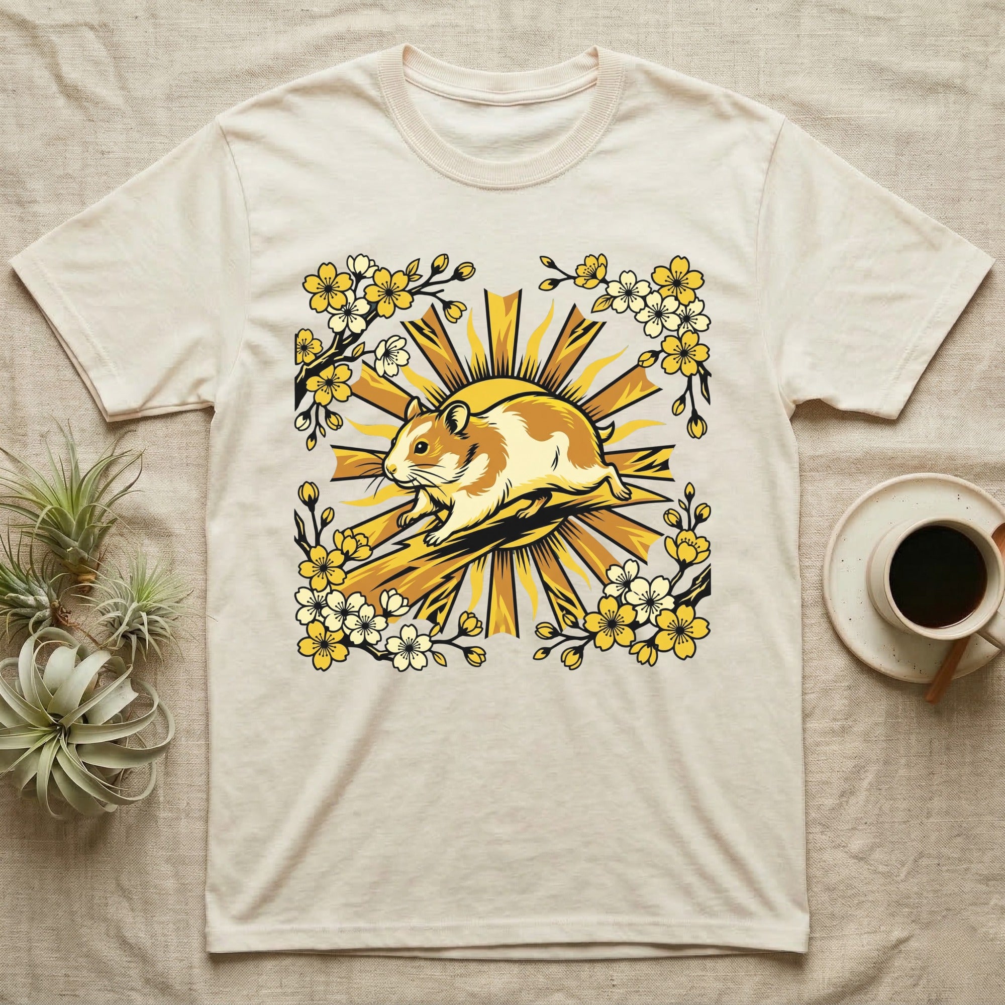 Cream t-shirt with a stylized hamster and yellow floral design.