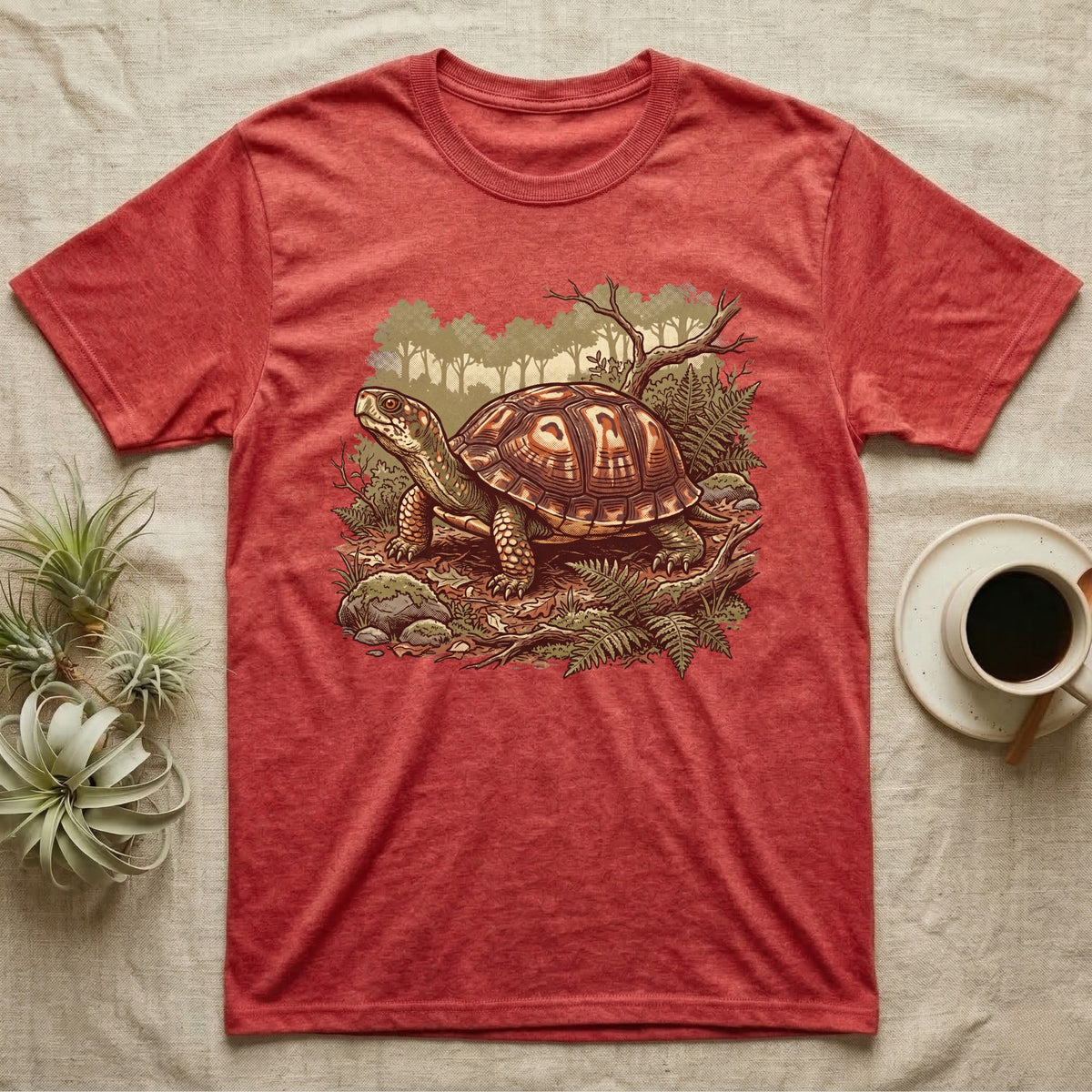 Wild Box Turtle T-Shirt in Heather Red — Retro conservation-poster illustration of a box turtle in a woodland habitat slice with ferns and leaf litter.