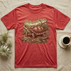 Wild Box Turtle T-Shirt in Heather Red — Retro conservation-poster illustration of a box turtle in a woodland habitat slice with ferns and leaf litter.