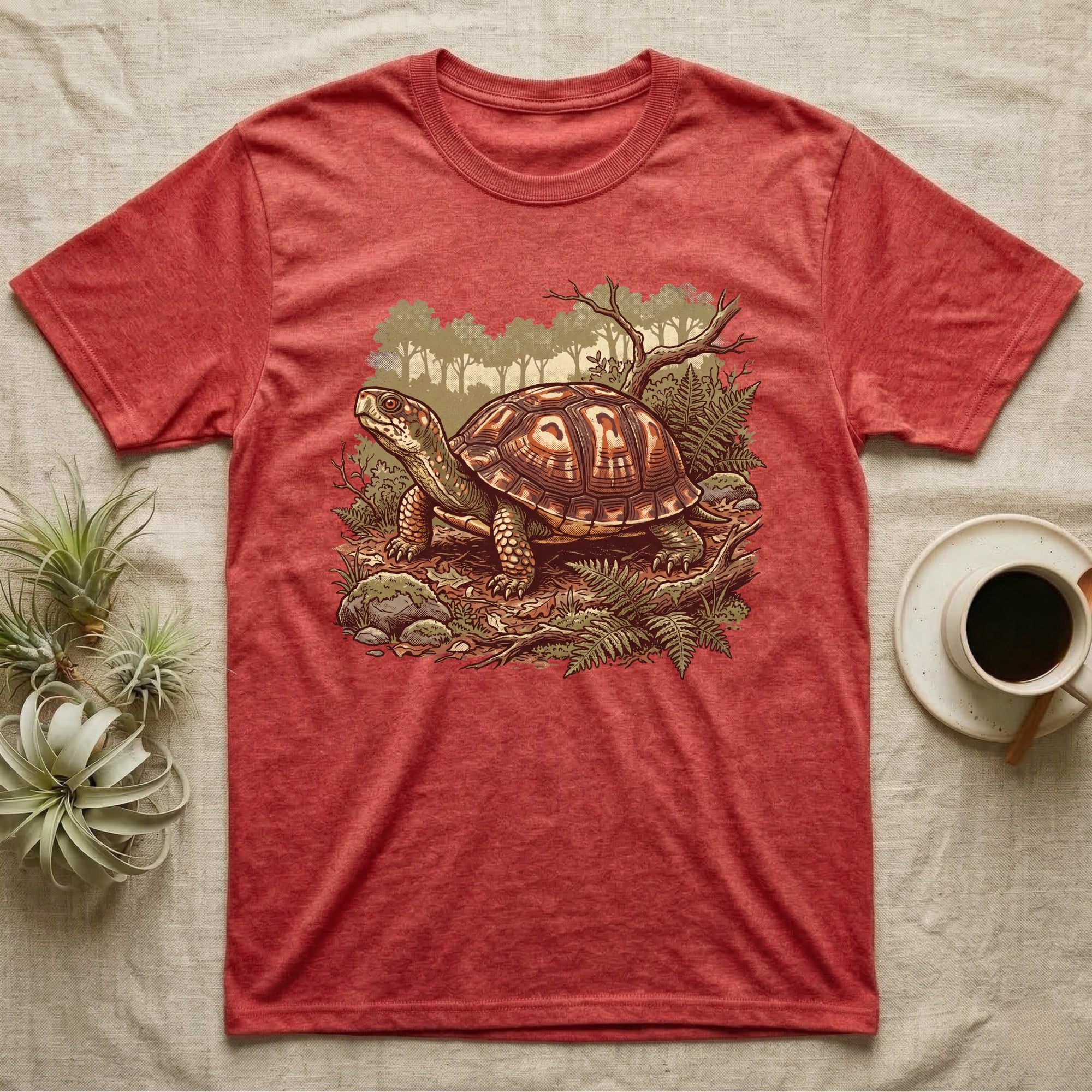 Wild Box Turtle T-Shirt in Heather Red — Retro conservation-poster illustration of a box turtle in a woodland habitat slice with ferns and leaf litter.
