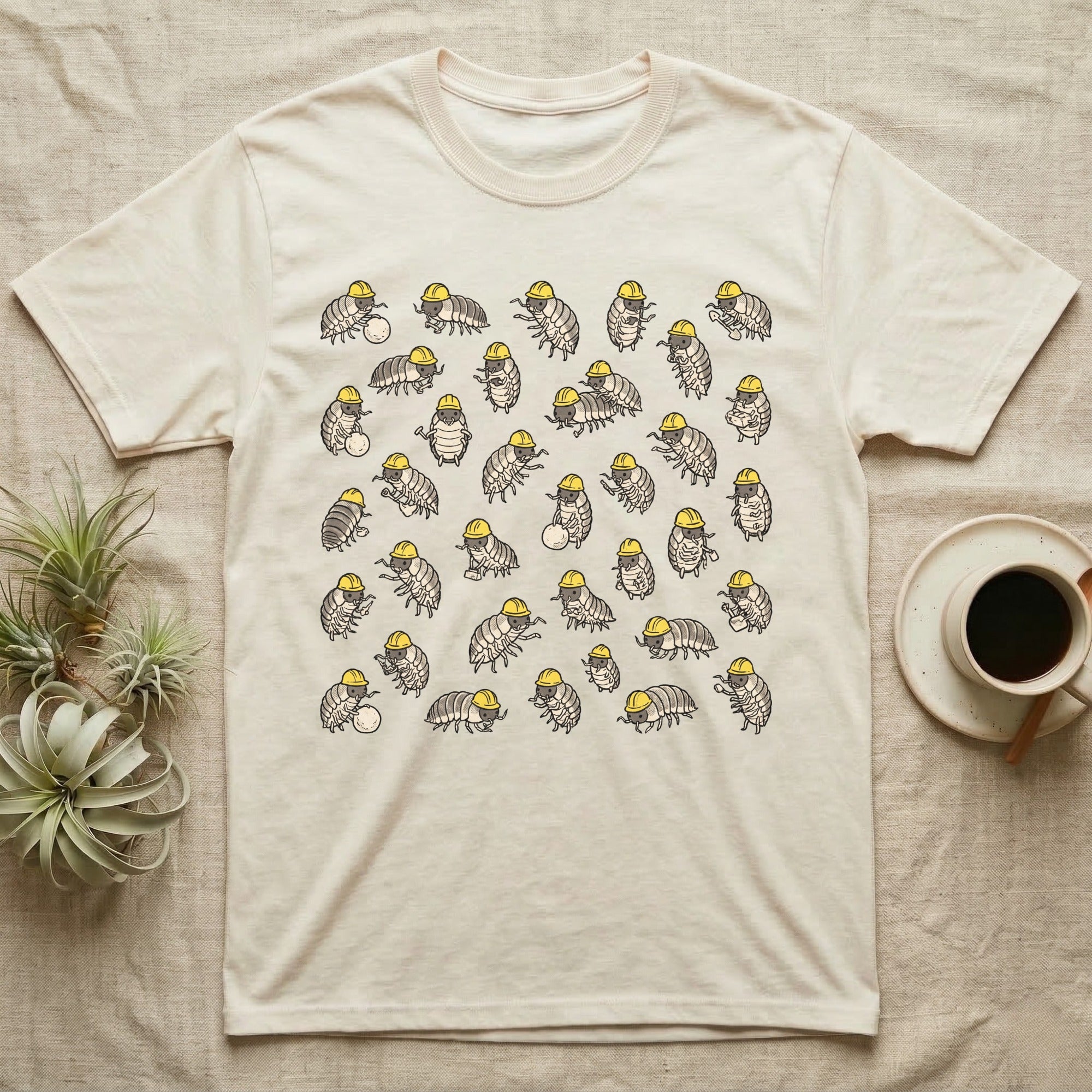 Isopod Cleanup Crew T-Shirt in Natural — Flat all-over scatter of cheerful isopods in tiny hi-vis hard-hats as a bioactive cleanup crew on shift.