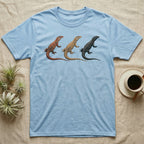 Ackie Monitor Triptych T-Shirt in Light Blue — Three ackie monitors in a row, painted in thick impasto — red, yellow and dark island forms with pale ocelli.