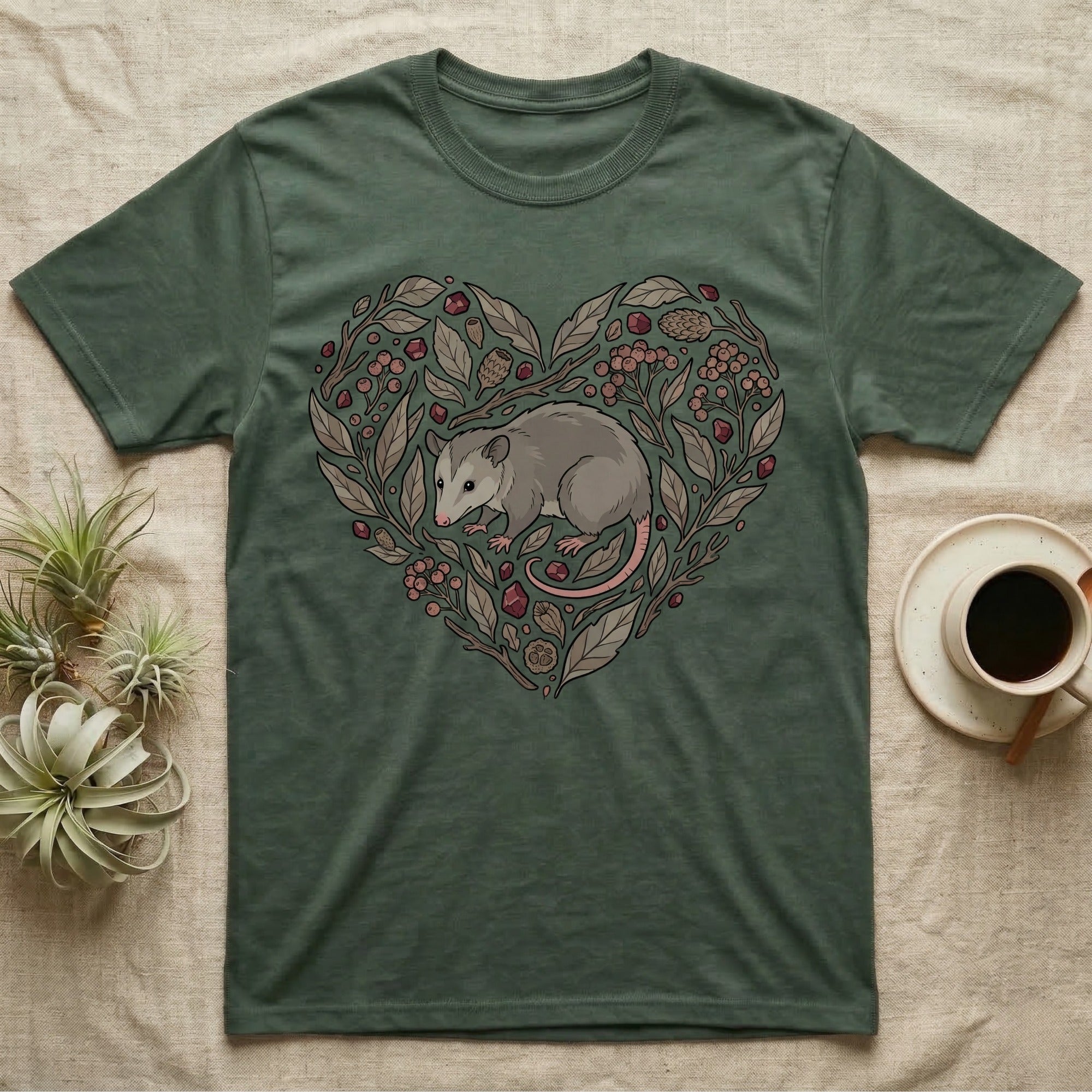 Green t-shirt with a heart-shaped design of foliage and an opossum.