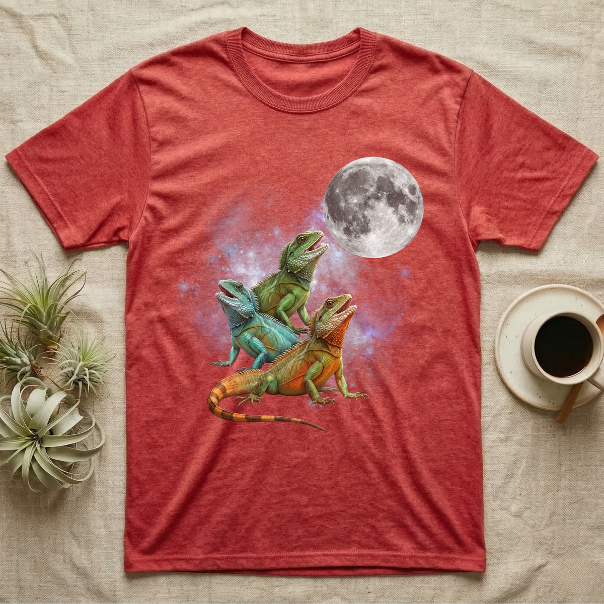 Chinese Water Dragon Moon Howl T-Shirt in Heather Red — Three Chinese Water Dragon colour morphs howling at a full moon over a nebula on a dark grey t-shirt.